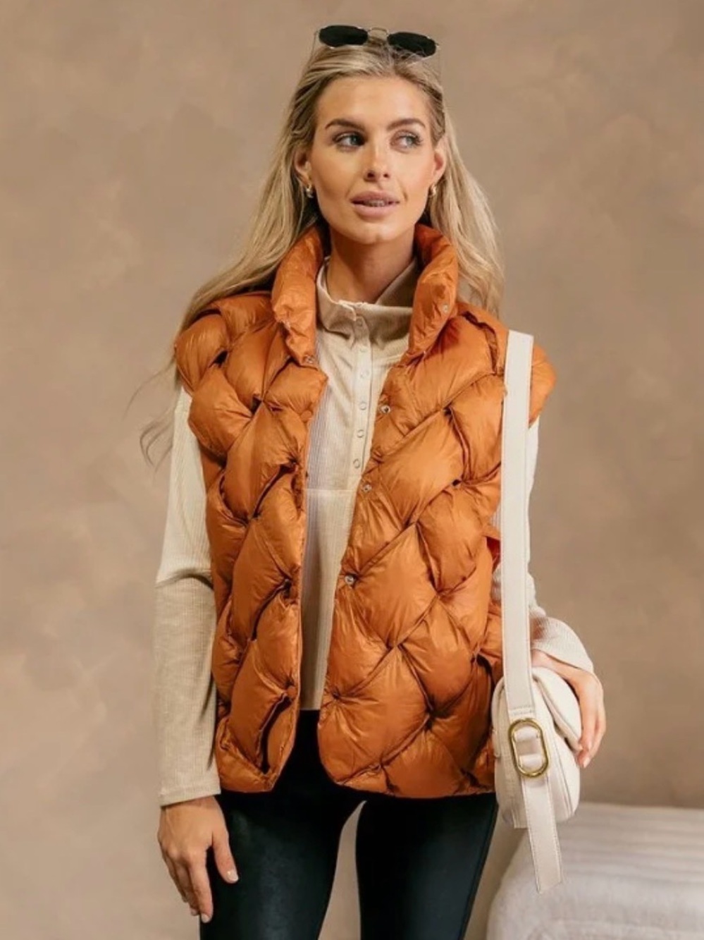 Bucket List Laurel camel woven button up puffer vest size small